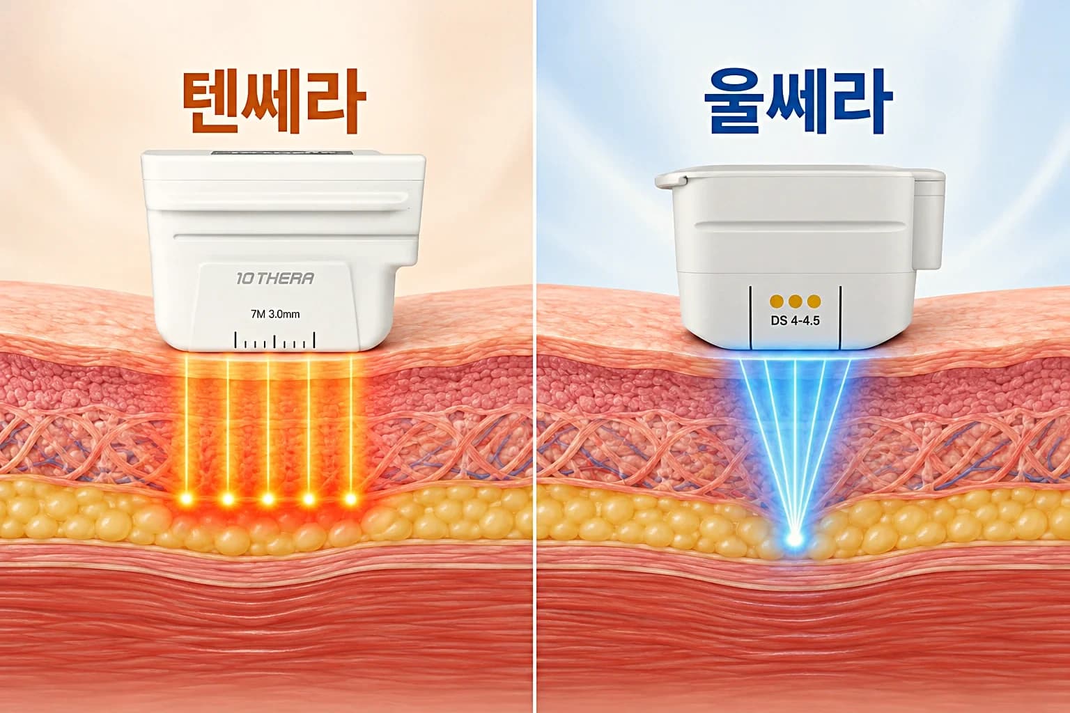 초음파 핸드피스 팁과 피부 층에 형성되는 열응고점 깊이를 좌우로 비교한 텐쎄라 울쎄라 차이 썸네일