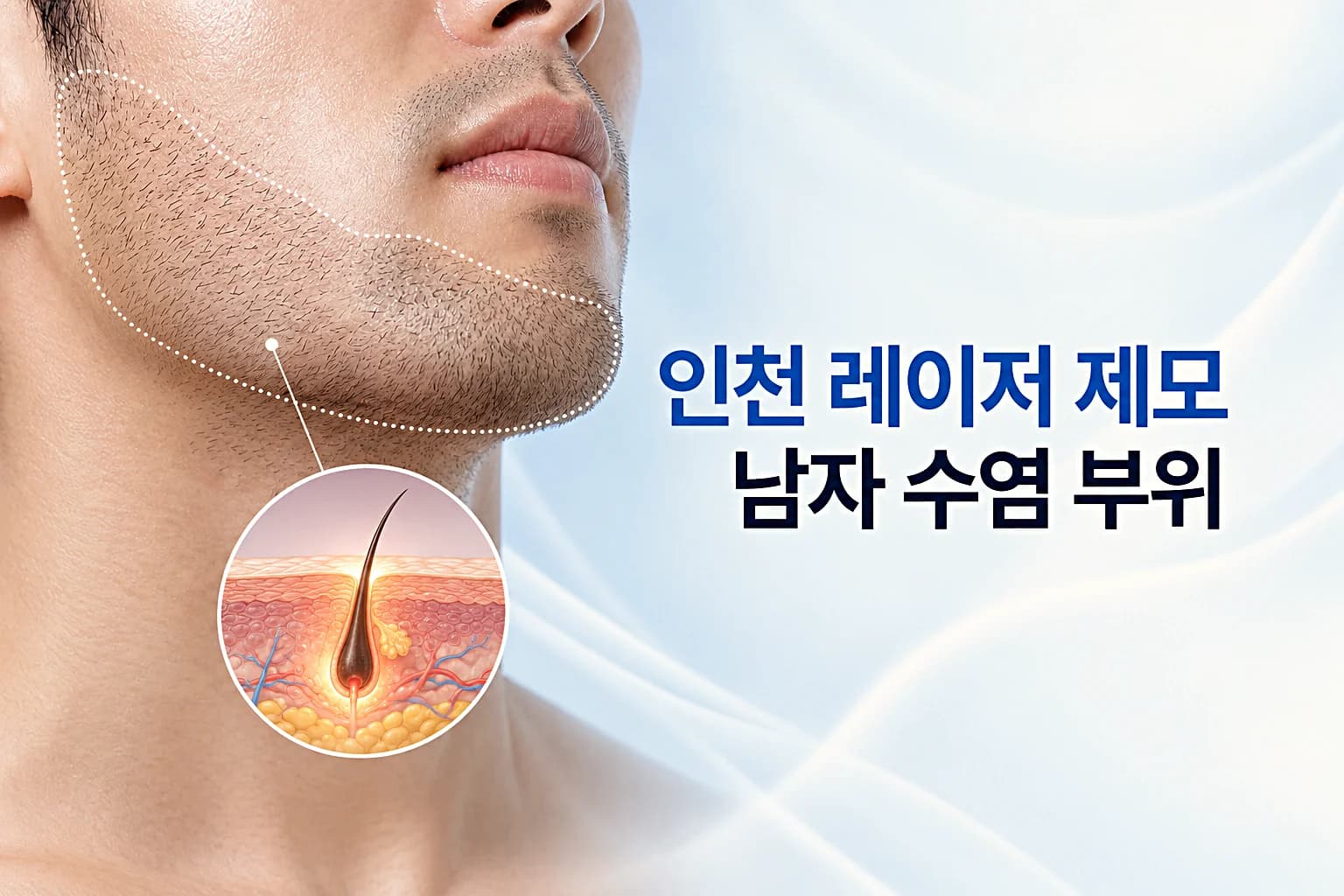남성 턱선 수염 부위에 레이저 핸드피스 빛이 닿아 모낭에 열이 전달되는 레이저 제모 썸네일
